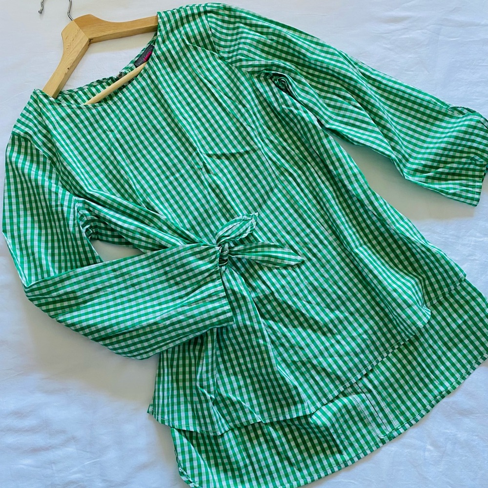 Green and White checkered Crew Neck Blouse